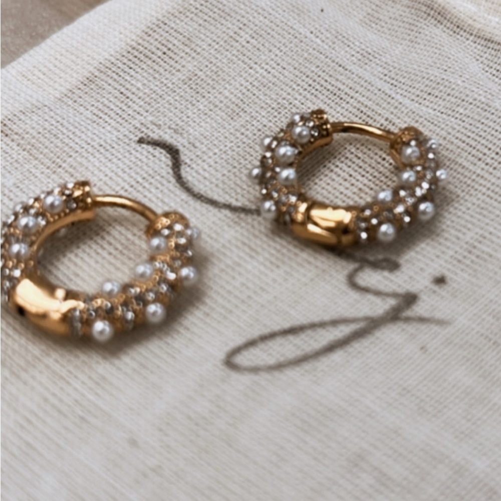 Gold and White Pearl Hoop Earrings with Intricate Design